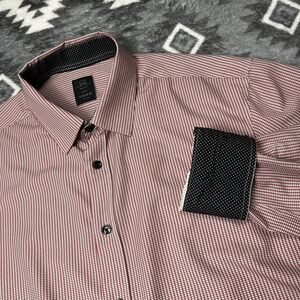 Michael Strahan Modern Fit Dress Shirt Large Red White Check Stretch Polka Dot